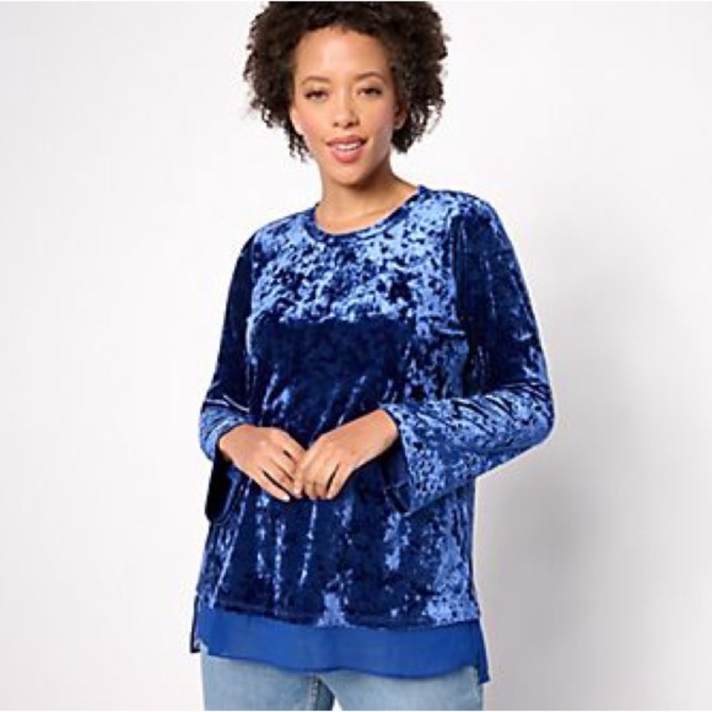 LOGO by Lori Goldstein Rich Blue Velvet Blouse